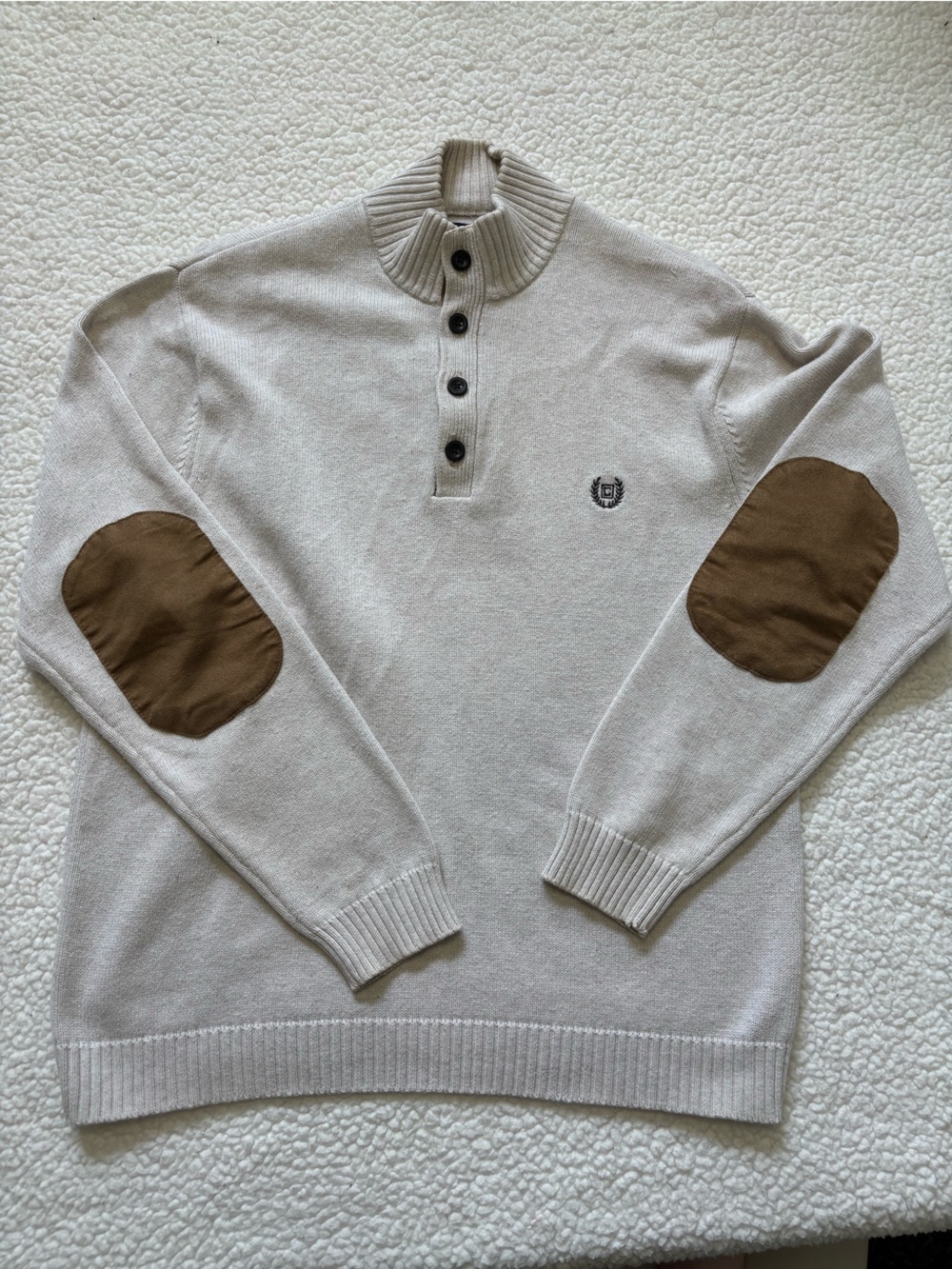 Chaps Ivory Mock Neck Henley Sweater Grandad Acadia Knit Suede Elbow Patch Large